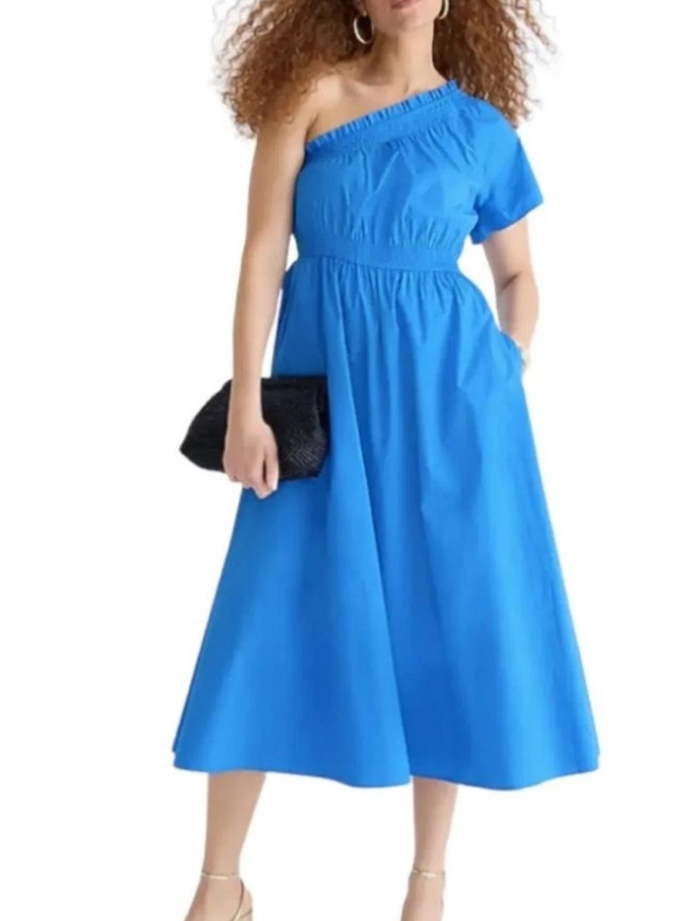 NWT J. Crew 100% Cotton Blue Poplin One Shoulder Midi Dress Small Smocked Waist
